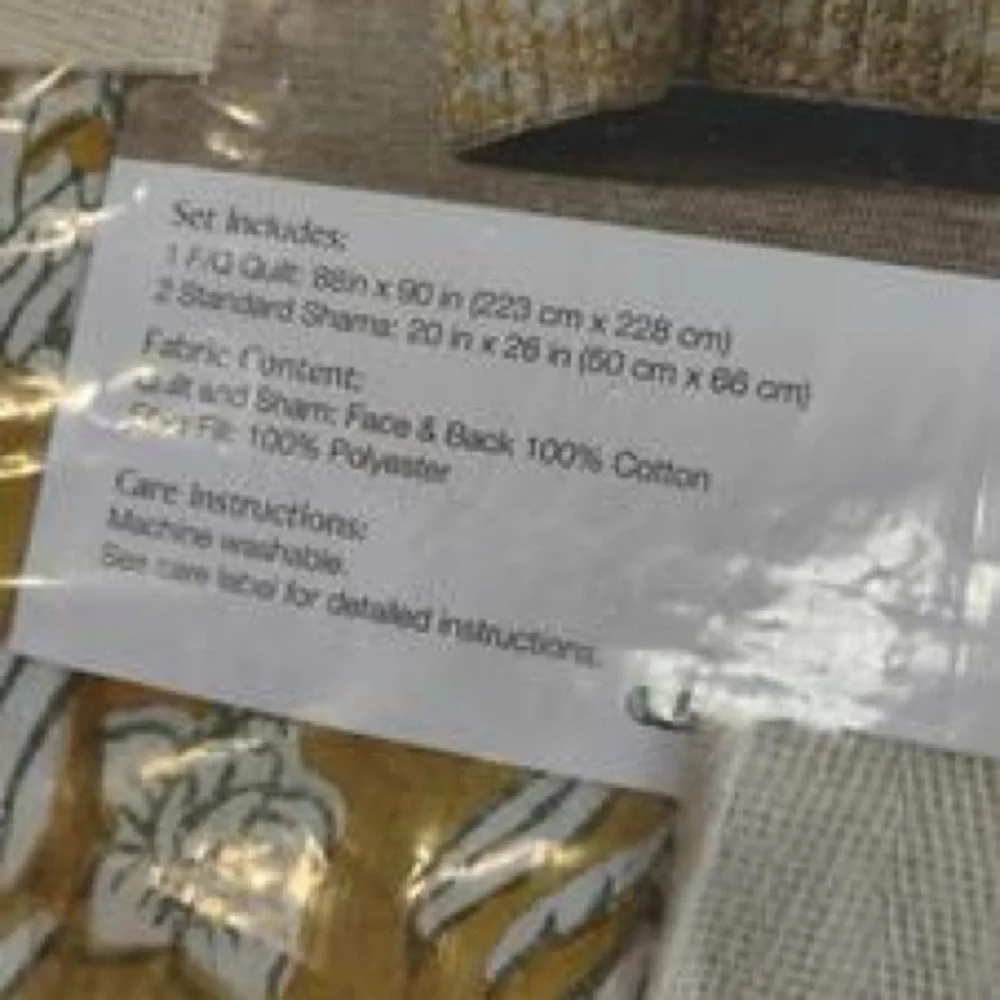 Laurel & Mayfair Gold Block Print Floral Cotton Voile Queen Quilt Set 3pc Gold